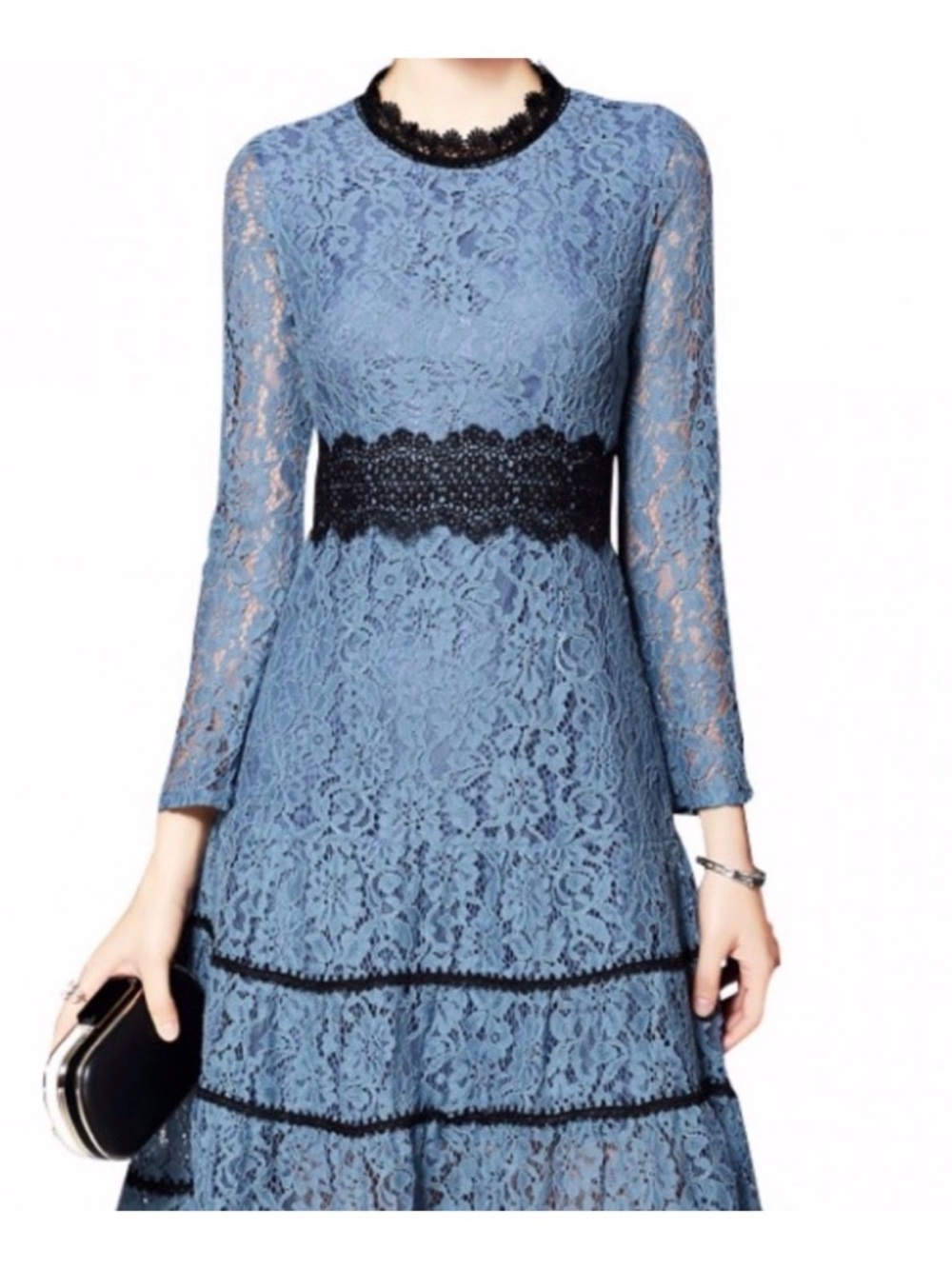Metisu Blue Lace Long-Sleeve Midi Dress with Black Trim NWT